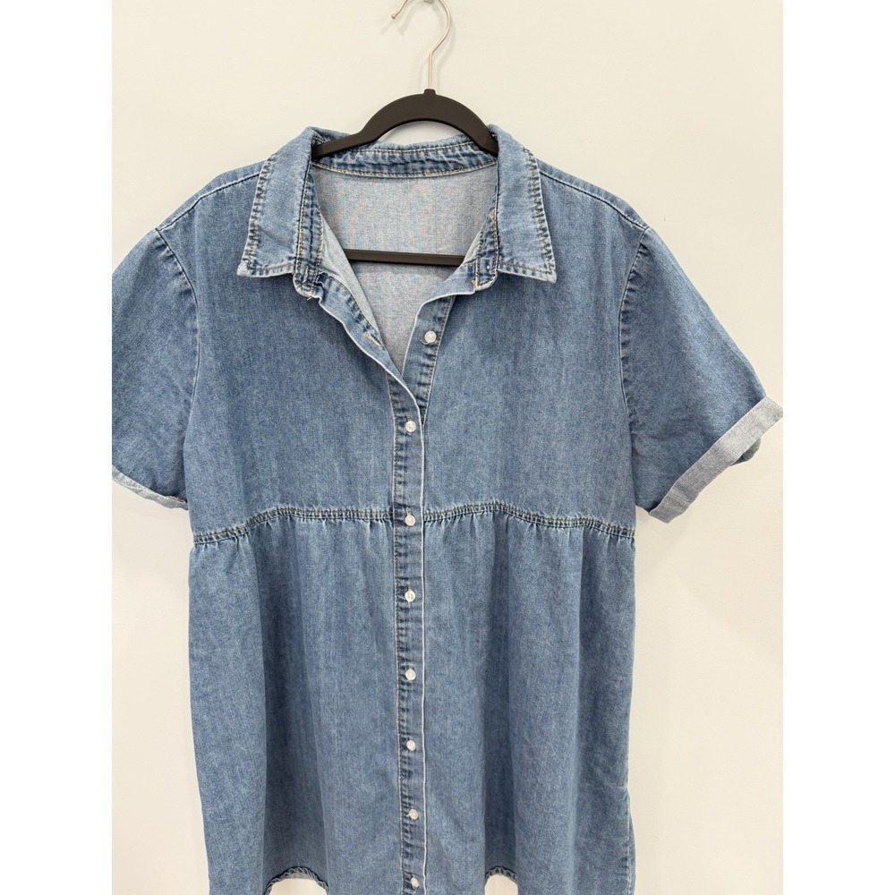 Denim Babydoll Dress 2XL Oversized Button Front Cotton Short Sleeve Casual Boho - Picture 4 of 7